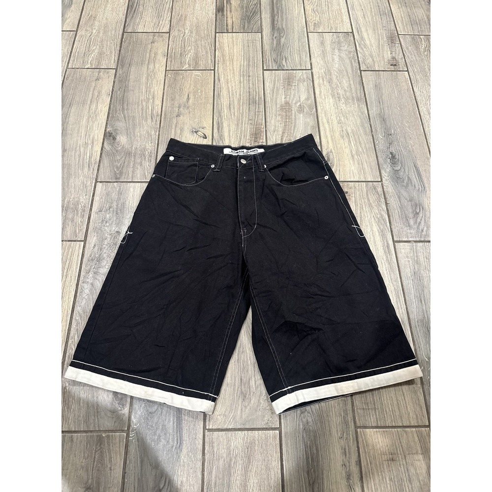 KOMAN JEANS Men's Black Baggy Denim Shorts Size 34 White Contrast‎ Stitching Y2K